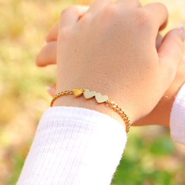 18K Gold PVD Stainless Steel Engravable 3 Hearts on Curb Chain Bracelet lifestyle