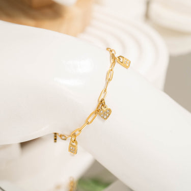 18K Gold PVD Stainless Steel Heart & Lock Charm Bracelet