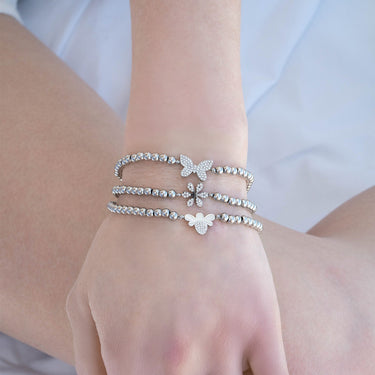 18K Gold PVD Stainless Steel Stone Butterfly Metal Beaded Stretch Bracelet / BRJ1021
