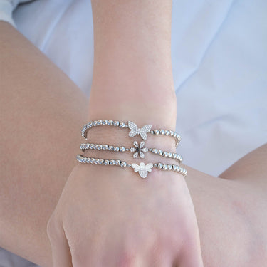 18K Gold PVD Stainless Steel Stone Flower Metal Beaded Stretch Bracelet