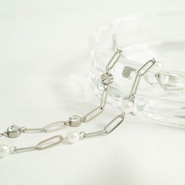 Stainless Steel Paperclip Chain and Pearl Station Necklace