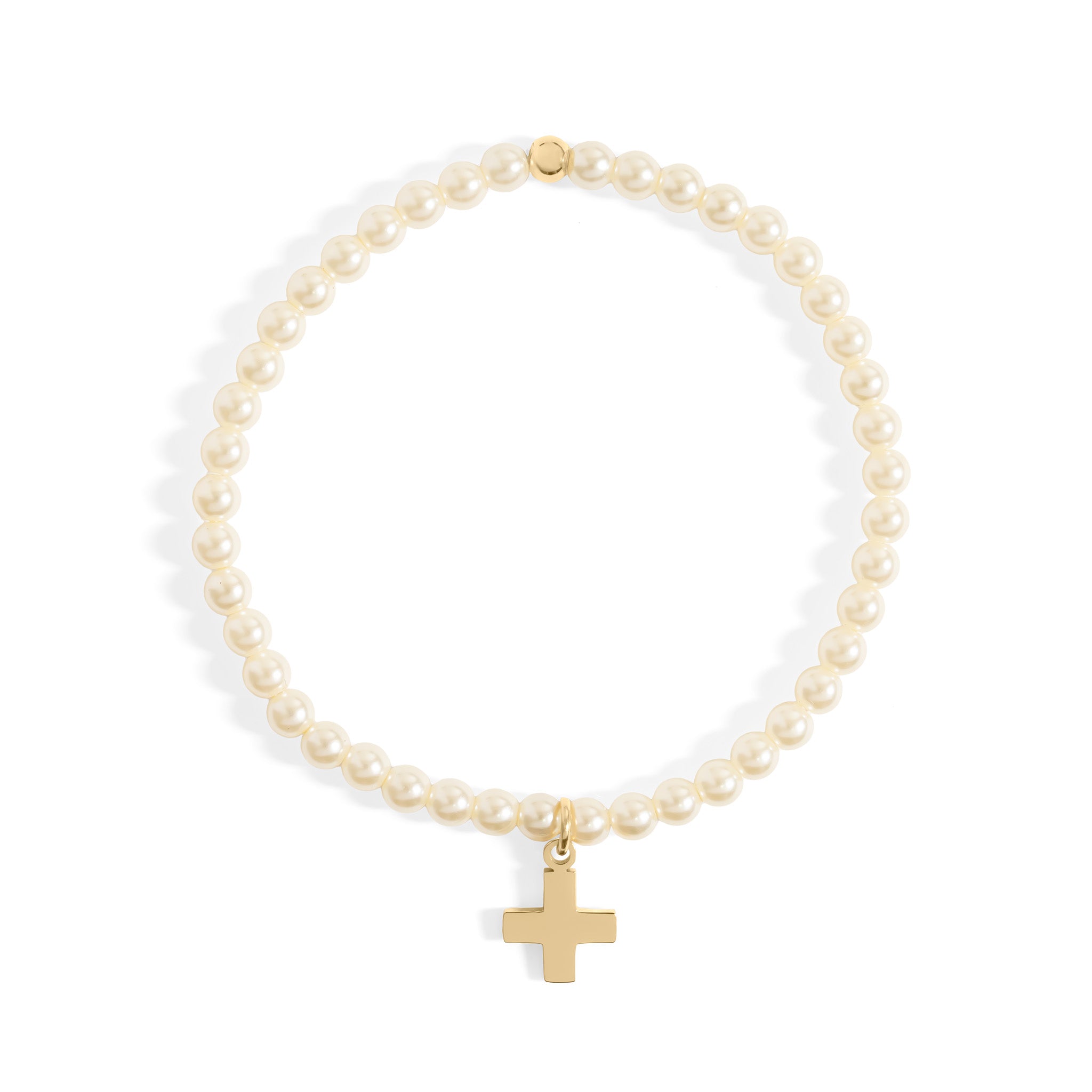 18K Gold PVD Stainless Steel Pearl Beaded Bracelet with Cross / BRJ1101