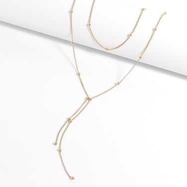 18K Gold PVD Stainless Steel Lariat Necklace Double Ball Bead