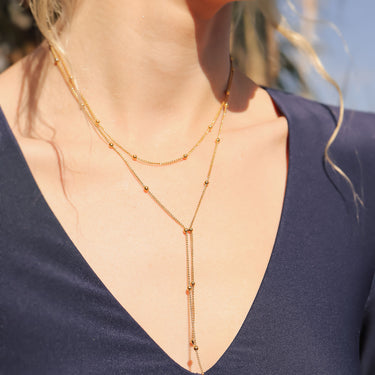 18K Gold PVD Stainless Steel Lariat Necklace Double Ball Bead