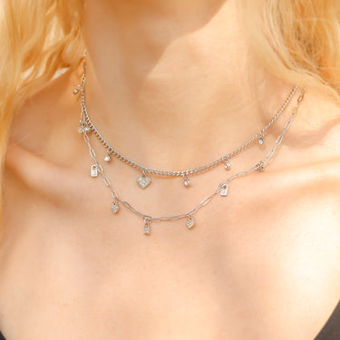 18K Gold PVD Stainless Steel 2 Row Heart & Lock Charm Necklace
