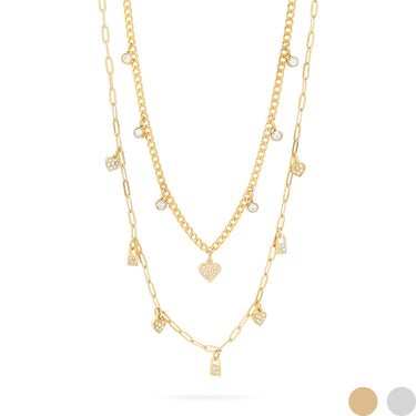 18K Gold PVD Stainless Steel 2 Row Heart & Lock Charm Necklace