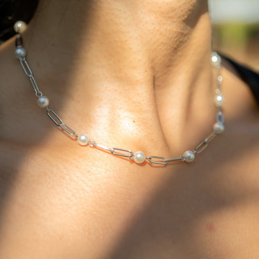 Stainless Steel Paperclip Chain and Pearl Station Necklace
