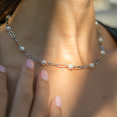 Stainless Steel Paperclip Chain and Pearl Station Necklace