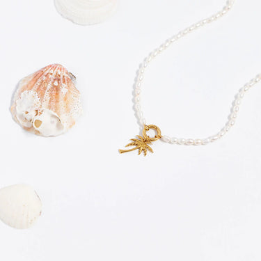 Gold Palm Tree Charm on Fresh Water Pearl Necklace