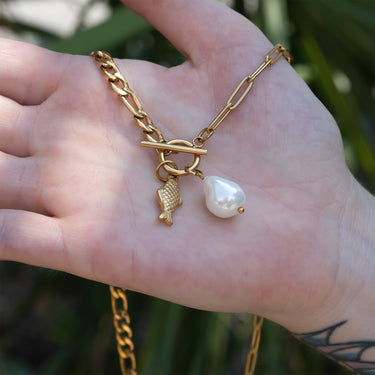 Gold Freshwater Pearl Carabiner Necklace
