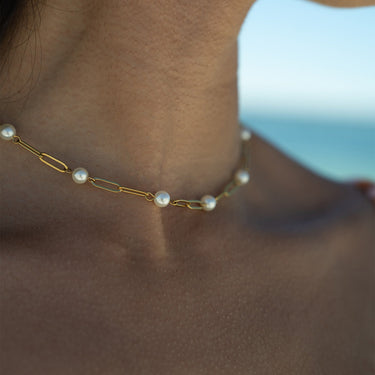 Stainless Steel Paperclip Chain and Pearl Station Necklace