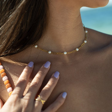 Stainless Steel Paperclip Chain and Pearl Station Necklace