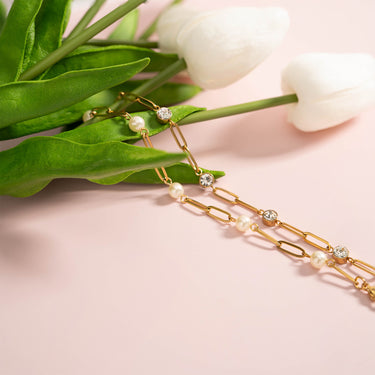 Stainless Steel Paperclip Chain and Pearl Station Necklace