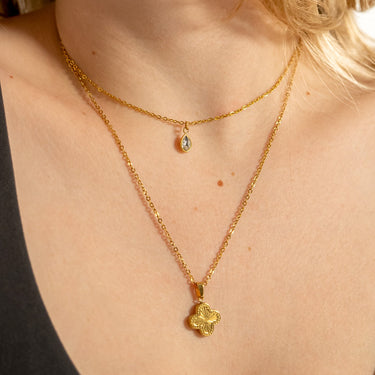 Sunburst Gold Clover Charm layered with birthstone charm necklace