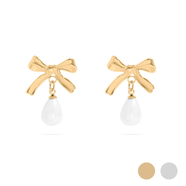 Gold Ribbon Bow Earrings with Freshwater Pearl