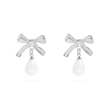 Silver Ribbon Bow Earrings with Freshwater Pearl
