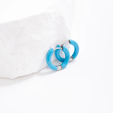 Silver Blue Epoxy Huggie Hoop Earrings