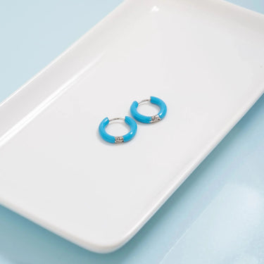 Silver Blue Epoxy Huggie Hoop Earrings