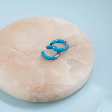 Silver Blue Epoxy Huggie Hoop Earrings