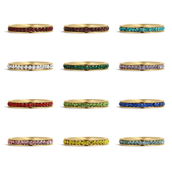 72 pc 18K Gold PVD Coated Stainless Steel Birthstone Eternity Ring Set & Display / BND0013
