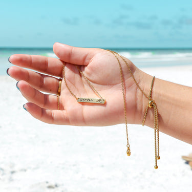 Cutout Wave Bar Stainless Steel Necklace Lifestyle with custom Engraving