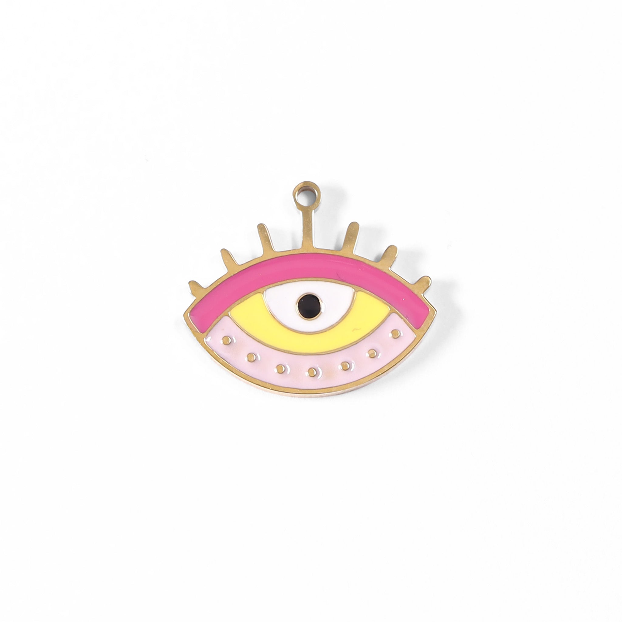 18K Gold PVD Stainless Steel Epoxy Pink and Yellow Evil Eye Charm / PDL0010