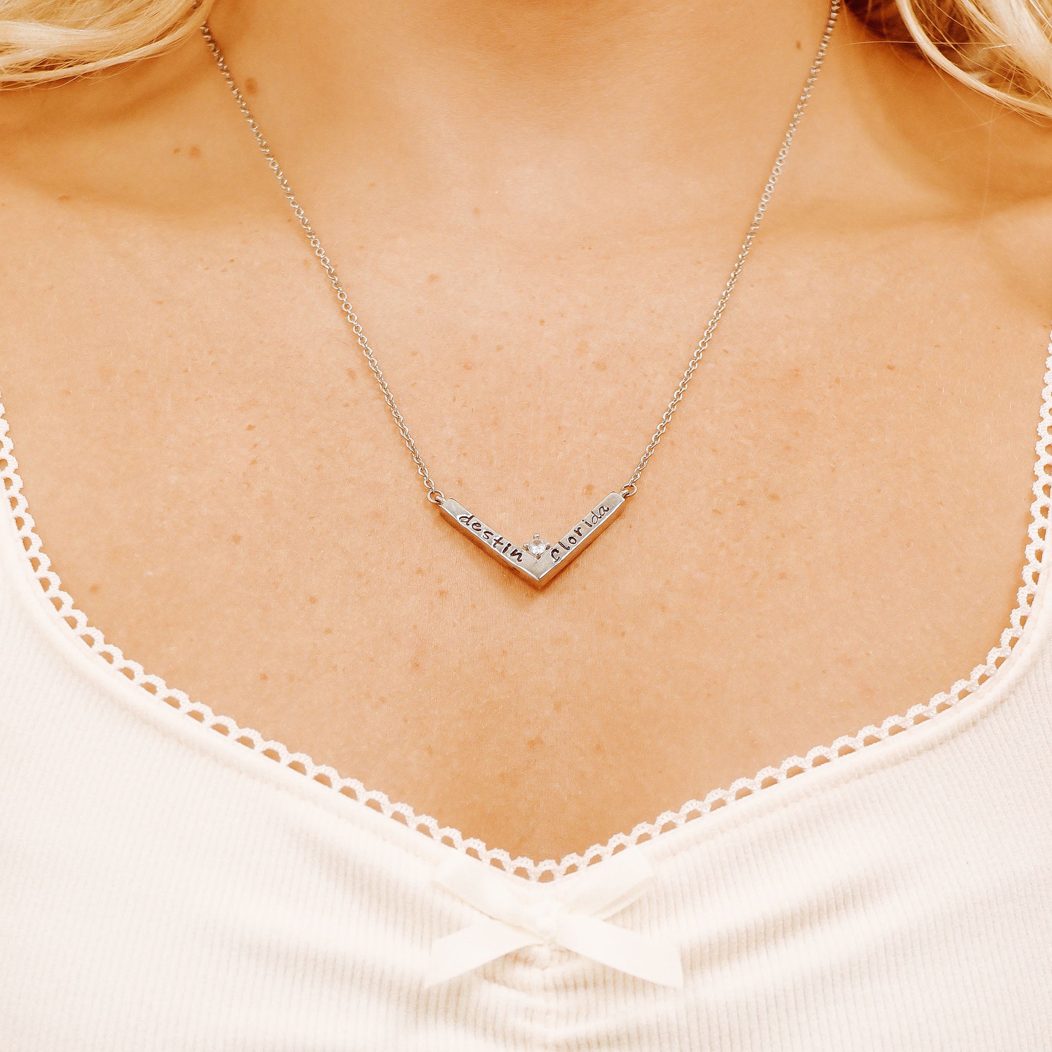 18K PVD Stainless Steel CZ V-Shaped Blank Pendant Necklace / SBB0292