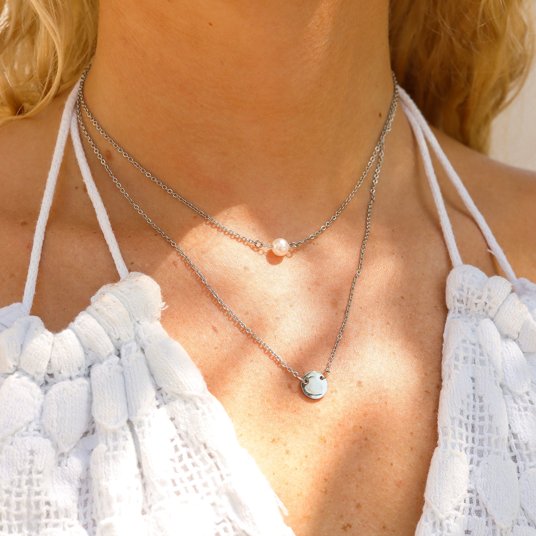 18k Gold PVD Rostfritt stål Pärl och tom skiktskikt Charm Necklace / CHN0004