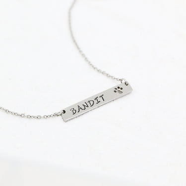 Custom chain necklace with horizontal bar pendant with paw print engraving