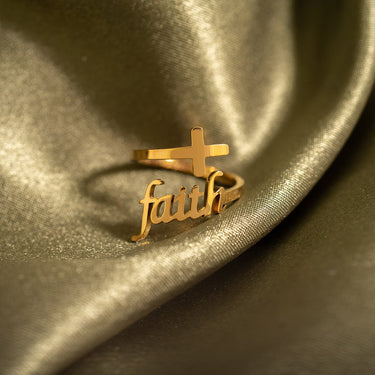 18K Gold PVD Stainless Steel Adjustable "Faith" Ring