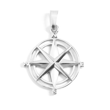 A stainless steel compass rose pendant with a polished finish on a white background.