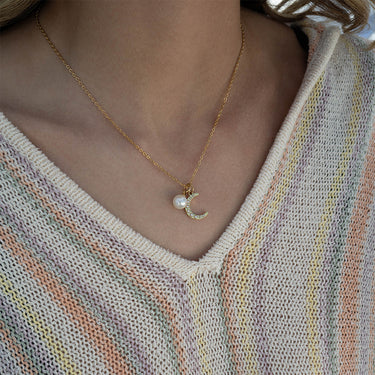 18K Gold PVD Stainless Steel Pearl Moon Charm