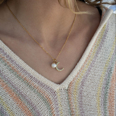 18K Gold PVD Stainless Steel Pearl Moon Charm
