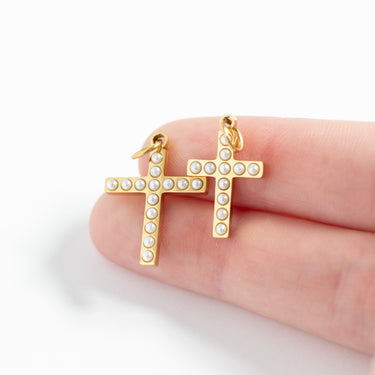 18K Gold PVD Stainless Steel Pearl Cross Charm