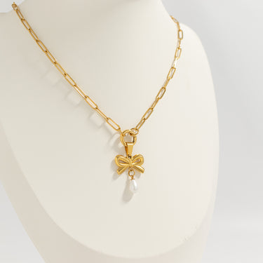 Freshwater Pearl Bow Charm on a carabiner necklace