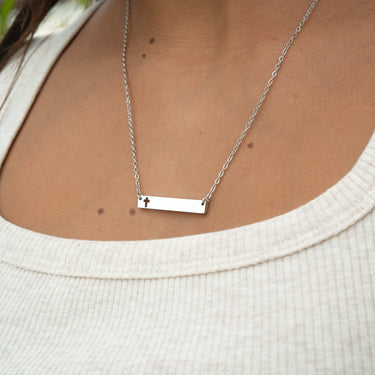 Stainless Steel Cutout Cross Blank Bar Necklace