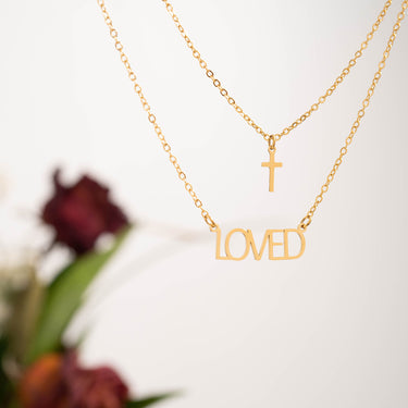 "Loved" Layered Cross Charm Necklace