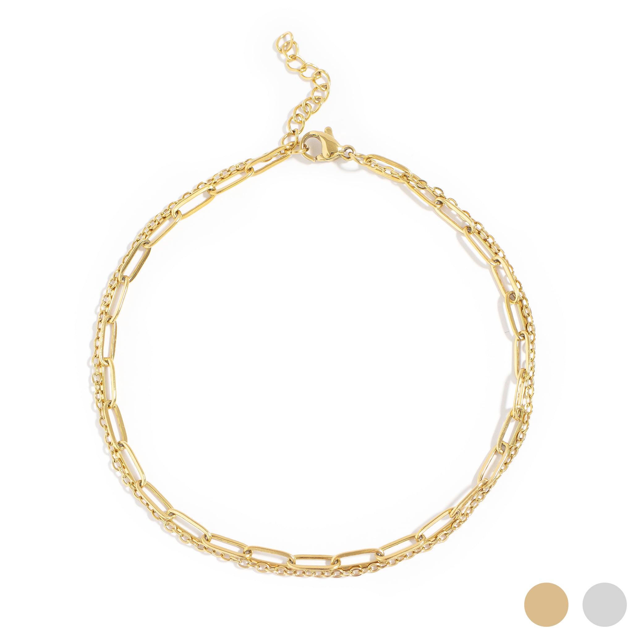18K Gold PVD Stainless Steel Layered Loop and Paperclip Chain Anklet / SBB0326