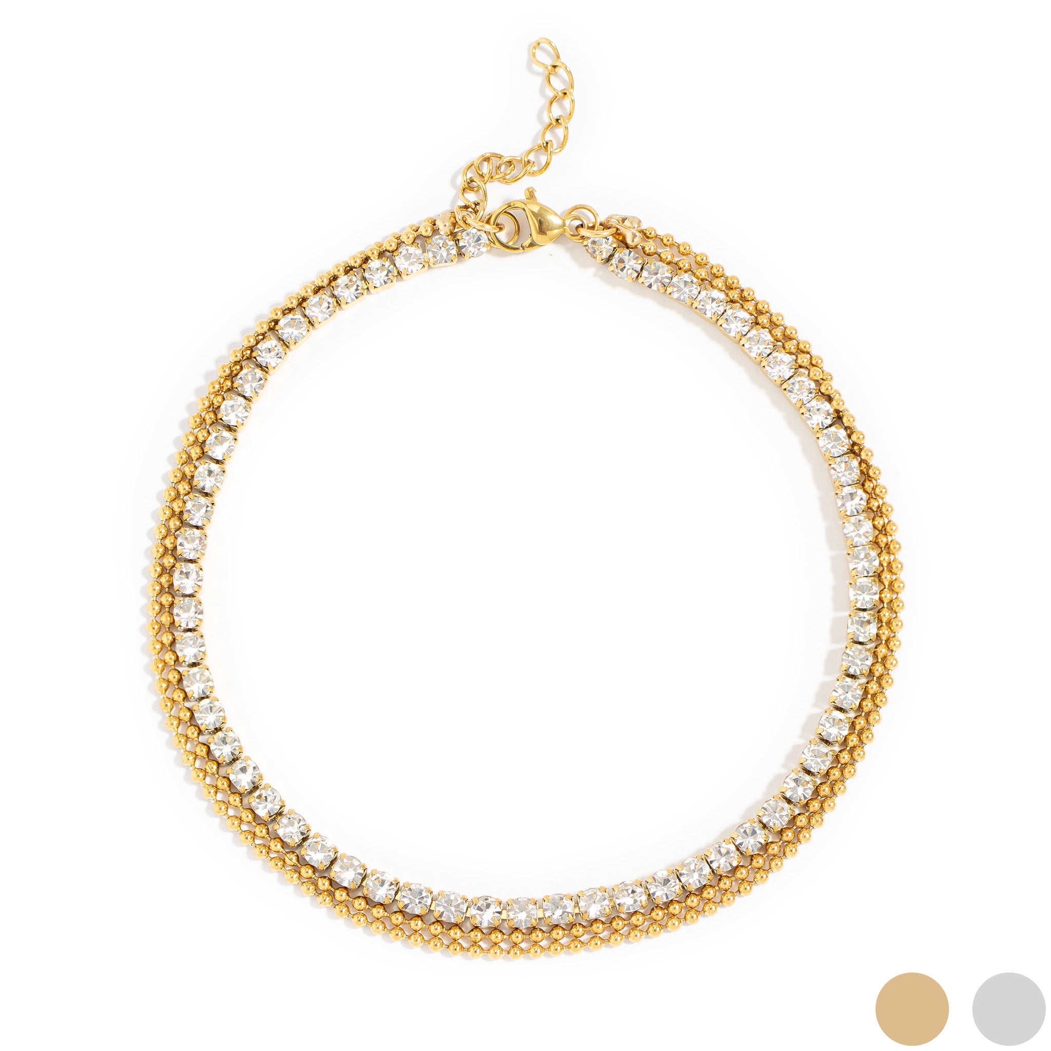 18K Gold PVD Stainless Steel Rhinestone and Shotbead Chain Layered Anklet / SBB0327