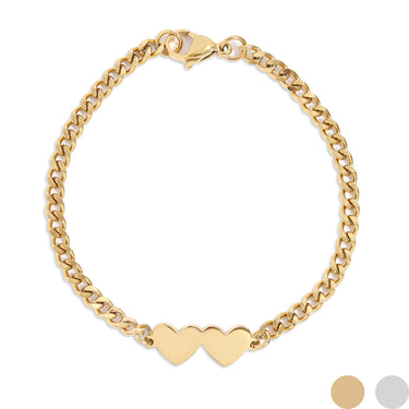 18K Gold PVD Stainless Steel Engravable 2 Hearts on Curb Chain Bracelet