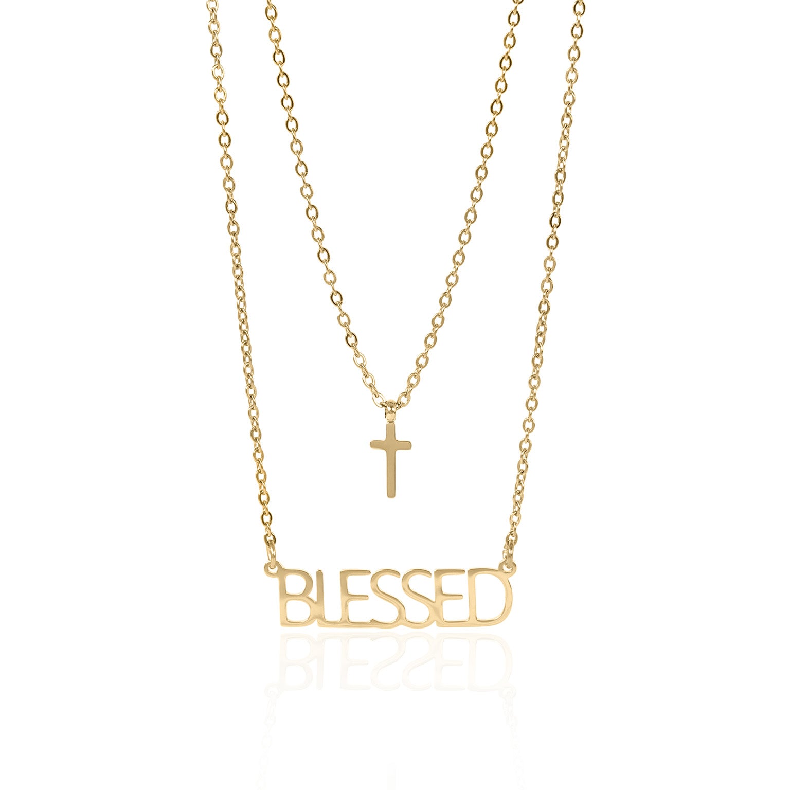 Stainless Steel PVD Coated "Blessed" Layered Cross Charm Necklace