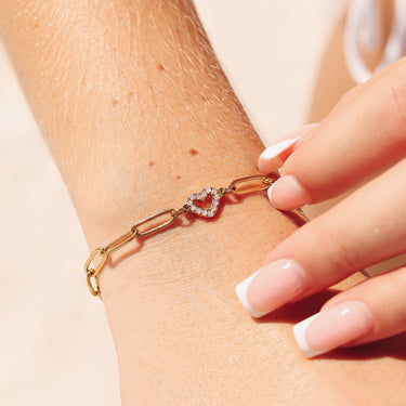 18K Gold PVD Stainless Steel Stone "Heart" Paperclip Chain Bracelet