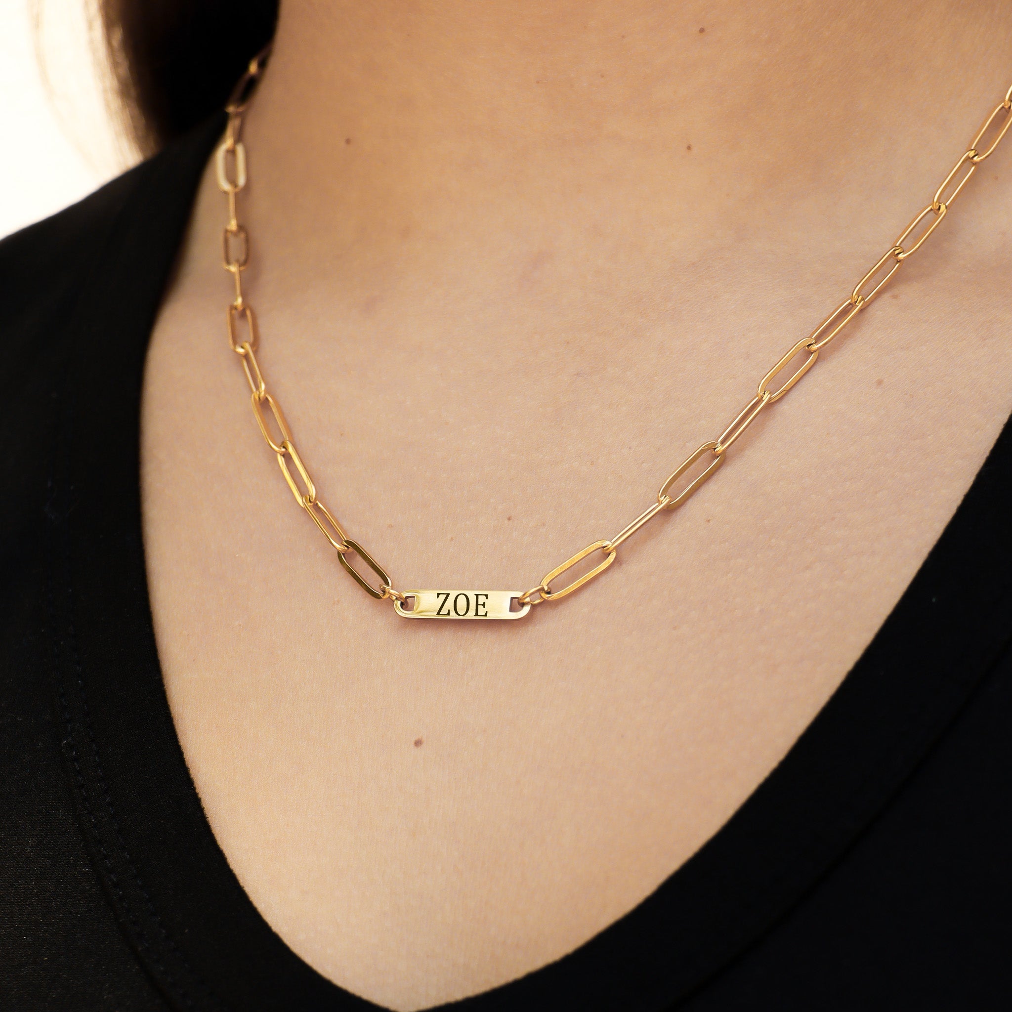 18K Gold PVD Stainless Steel Engravable Paperclip Blank Bar Necklace / SBB0275