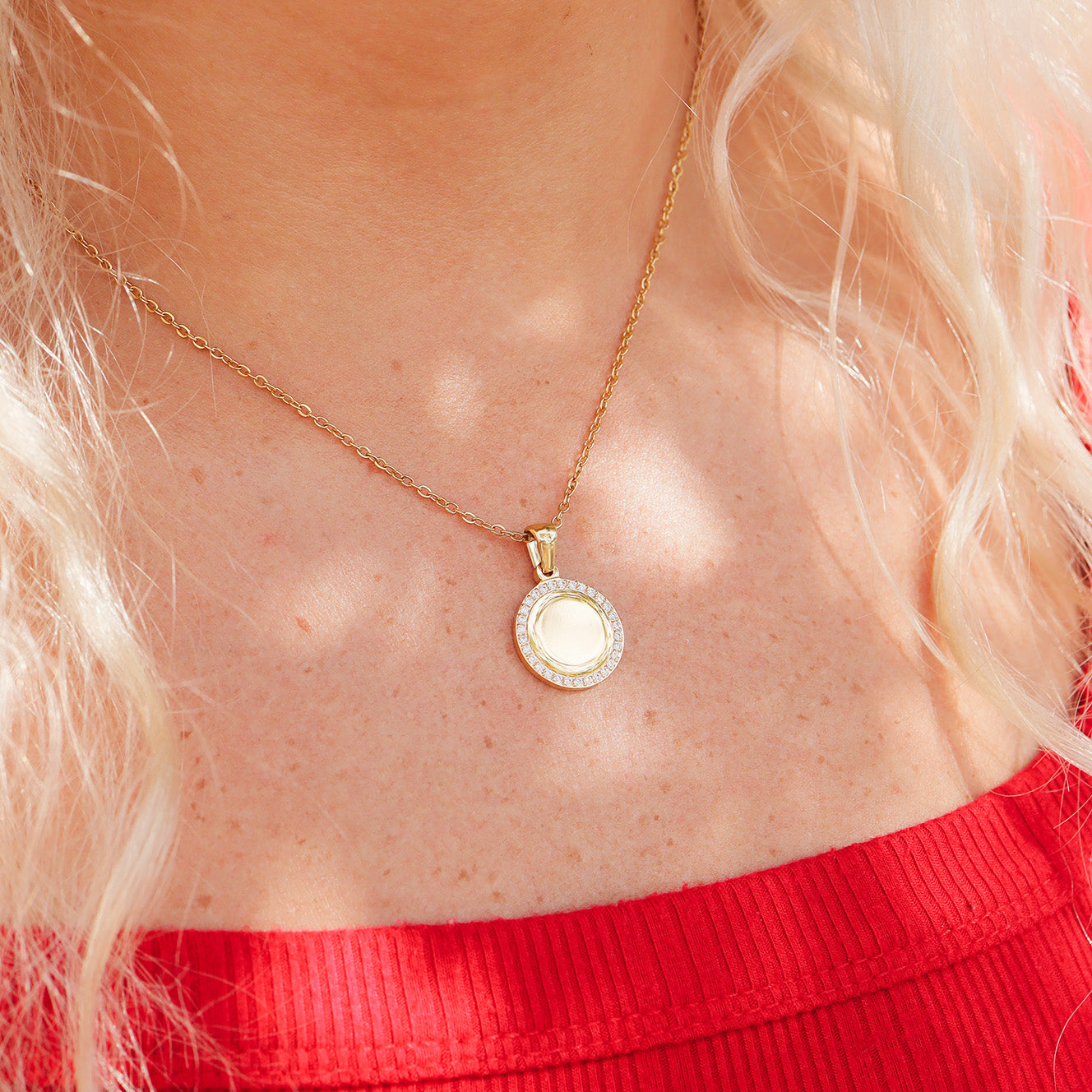 18K Gold PVD Stainless Steel Round CZ Pendant Necklace / SBB0280