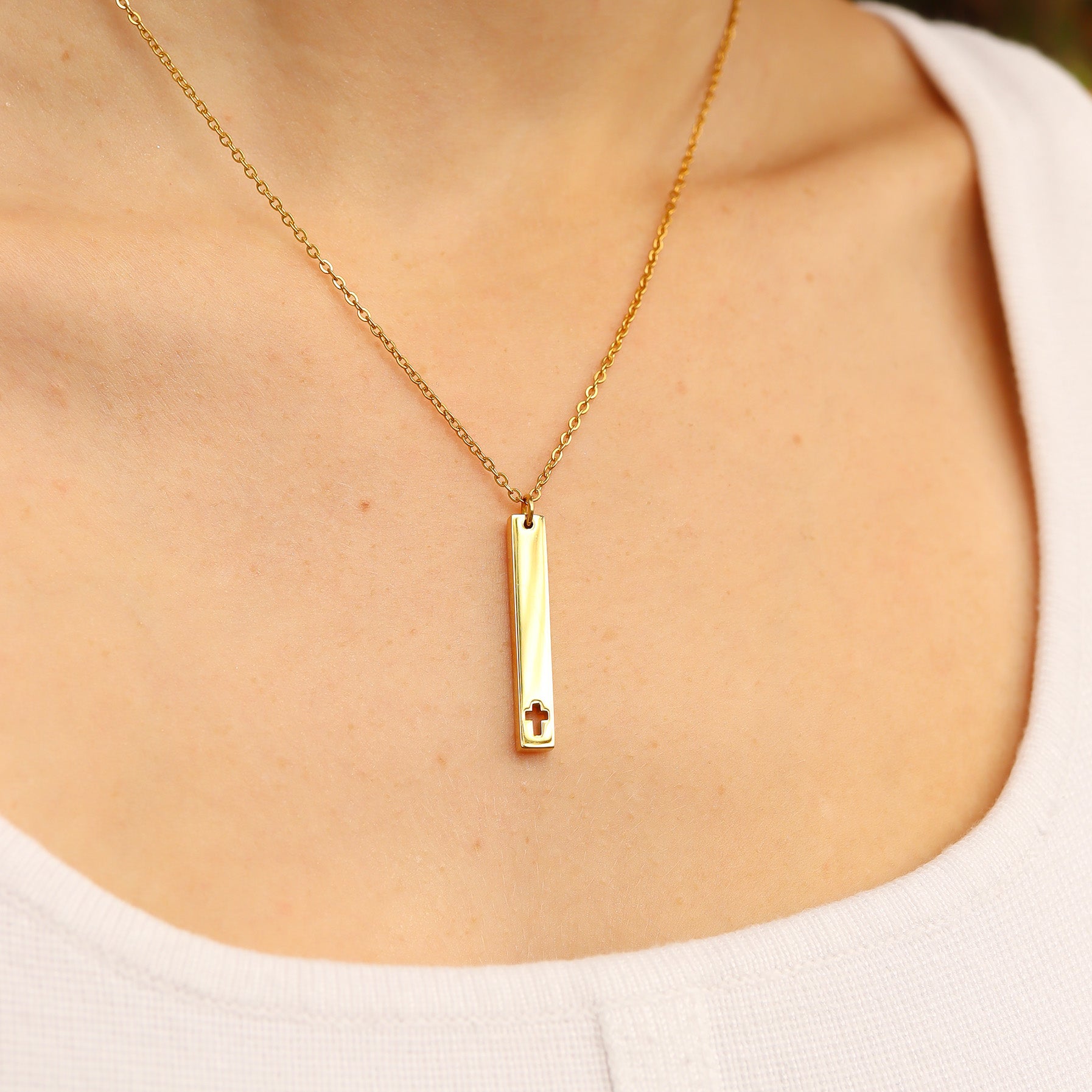 18K Gold PVD Stainless Steel Cross Cutout Vertical Bar Necklace / SBB0163