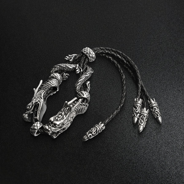 Stainless Steel And Braided Leather Adjustable Dragon Bracelet / BRJ9008