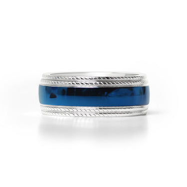 Blue Center With Lined Patterned Edge Stainless Steel Ring