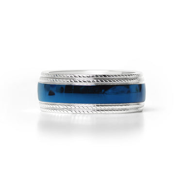 Blue Center With Lined Patterned Edge Stainless Steel Ring