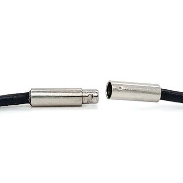 Black cord necklace with stainless steel twist open clasp with a close up of the clasp.