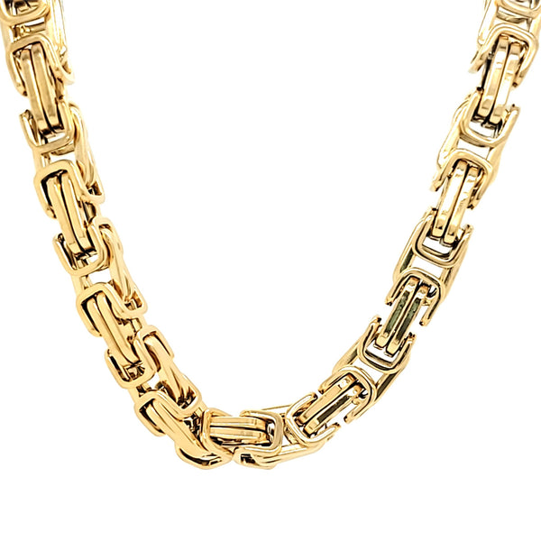 Gold stainless steel byzantine chain necklace hanging.